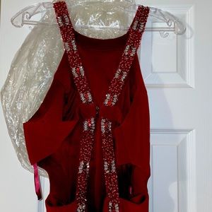 Burgundy prom dress, with bejeweled back.